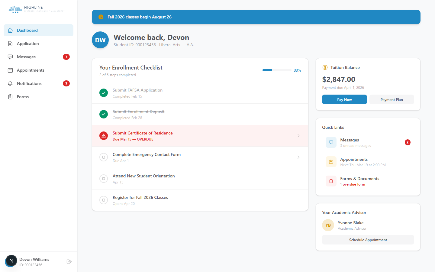 Highline CRM Student Dashboard with enrollment checklist and tuition balance