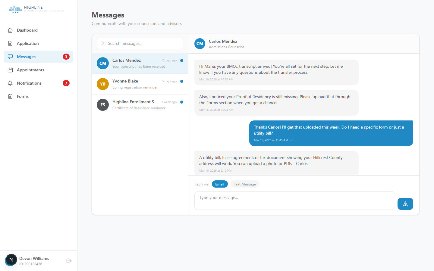 Highline CRM student messaging with enrollment services