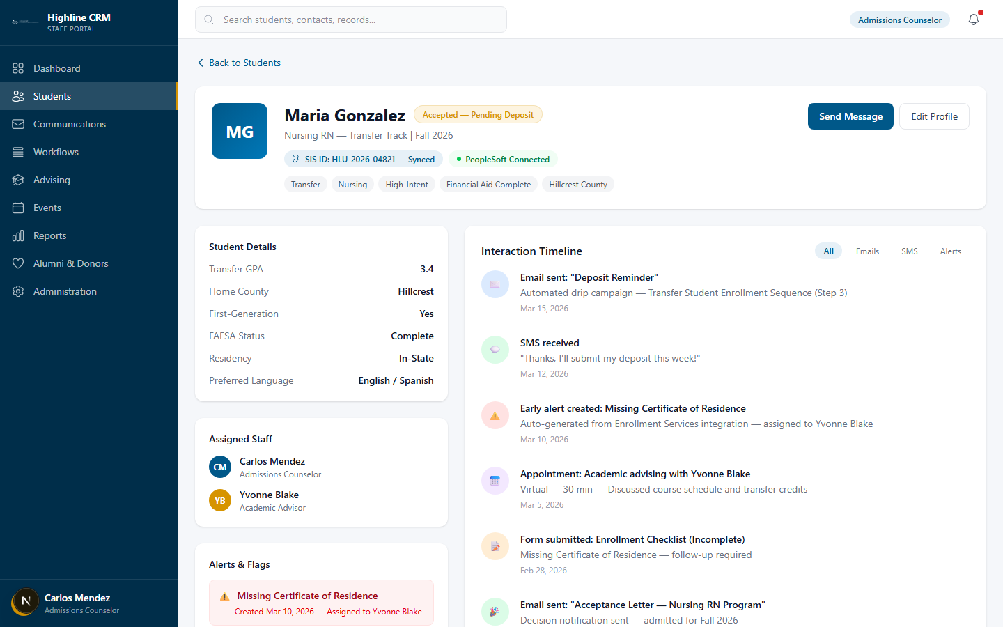 Highline CRM 360-degree student profile with interaction timeline and SIS sync