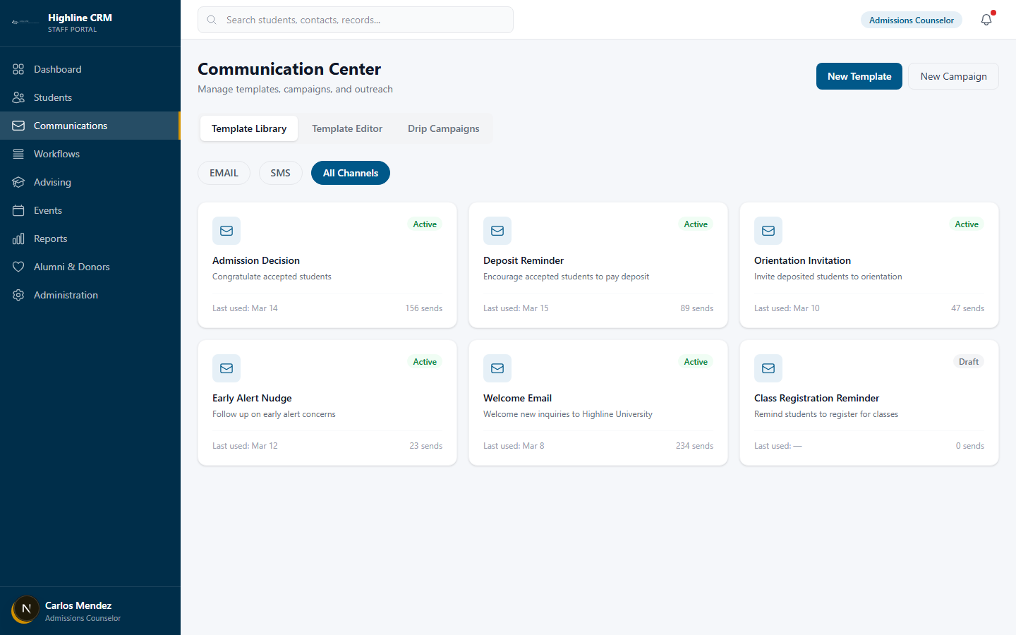 Highline CRM communication center with template management and campaign tracking
