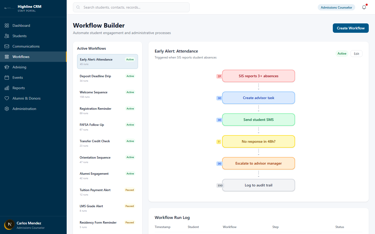 Highline CRM workflow builder with early alert automation
