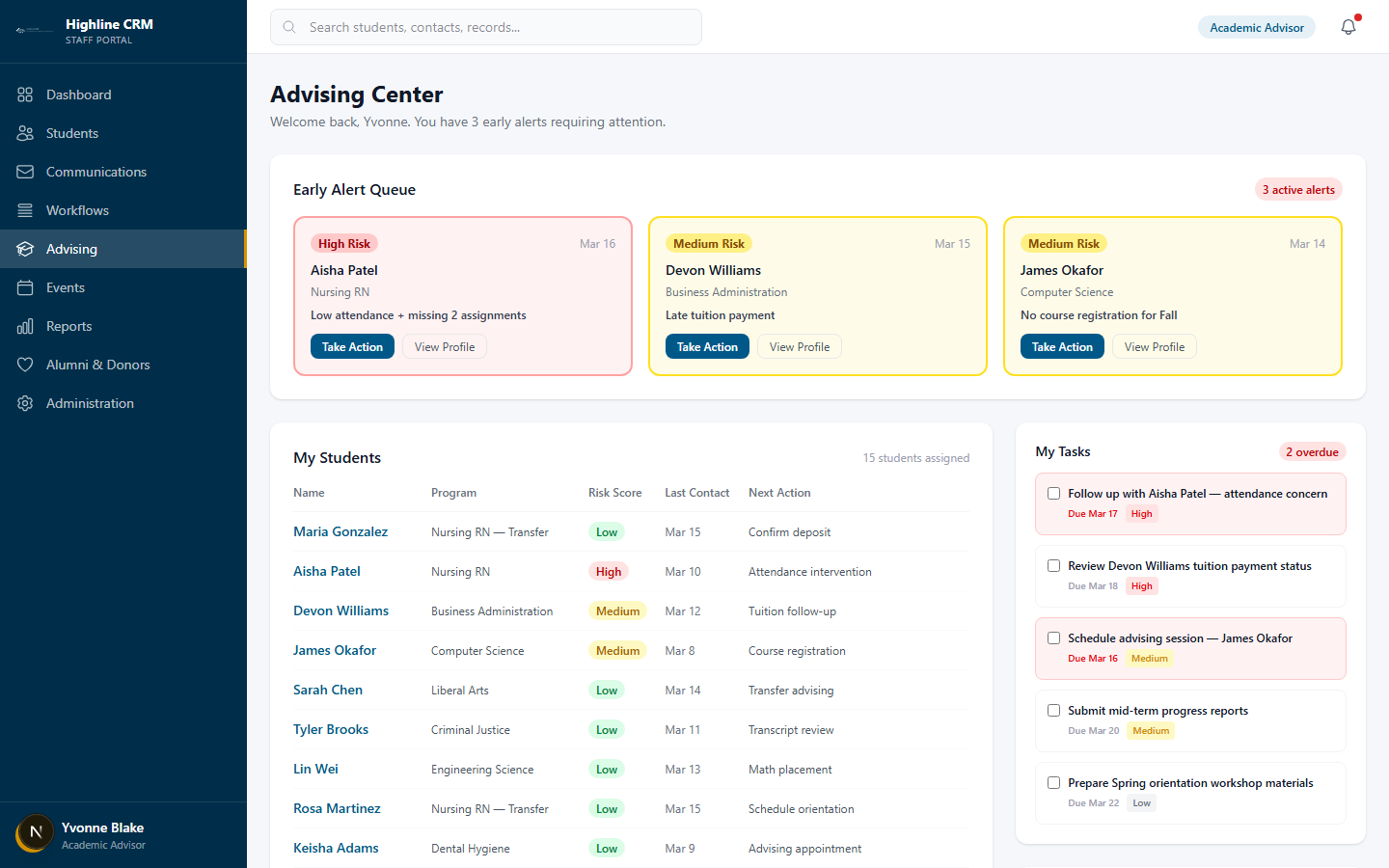 Highline CRM advising center with early alert queue and caseload management